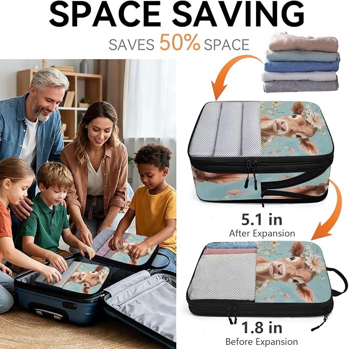Cow 6 Set Compression Packing Cubes Bull Expandable Packing Organizer for Travel Accessories Luggage Suitcase Bag