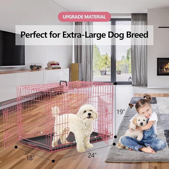 24 Inch Small Dog Crate, Heavy Duty Dog Crates for Small Dogs, Metal Wire Folding Dog Cage with Removable Trays, Locks, Double-Door, Divider Panel, Handle, Puppy Crate Pet Crate (24 in, Pink)