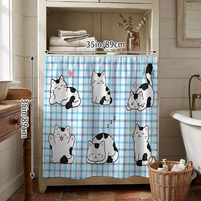 Cute Cat Cabinet Dishwasher Hidden Curtains, Privacy Closet Door Curtain, Modern Playful Pet Cats Blue Purple Plaid Adhesive Dust Proof Under Sink Skirt for Bathroom Kitchen 35"x35"