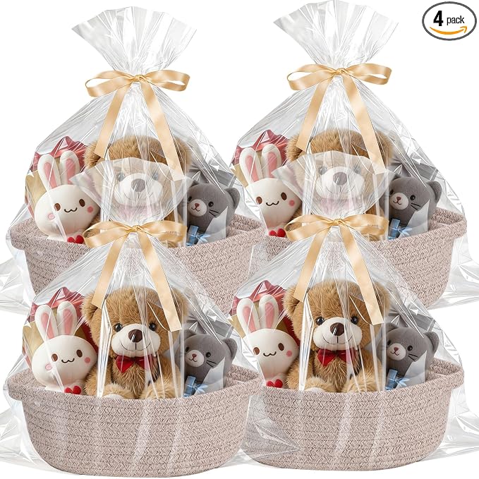 Small Basket with Gift Bags and Ribbons，Small Woven Basket Cute Oval Cotton Rope Gifts with Handle Empty Baby Wicker Storage Basket for Baby Showers Pet Toy Bin (4 Pack (12"x 8"x 3.74"))