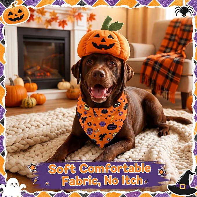 Sanwuta 60 Pcs Halloween Dog Bandanas Bulk Pet Bibs Scarf, Pumpkin Large | Adjustable Dog Bandanas, Triangle Scarf Holiday Pet Costume, Fits Small to Large Pet