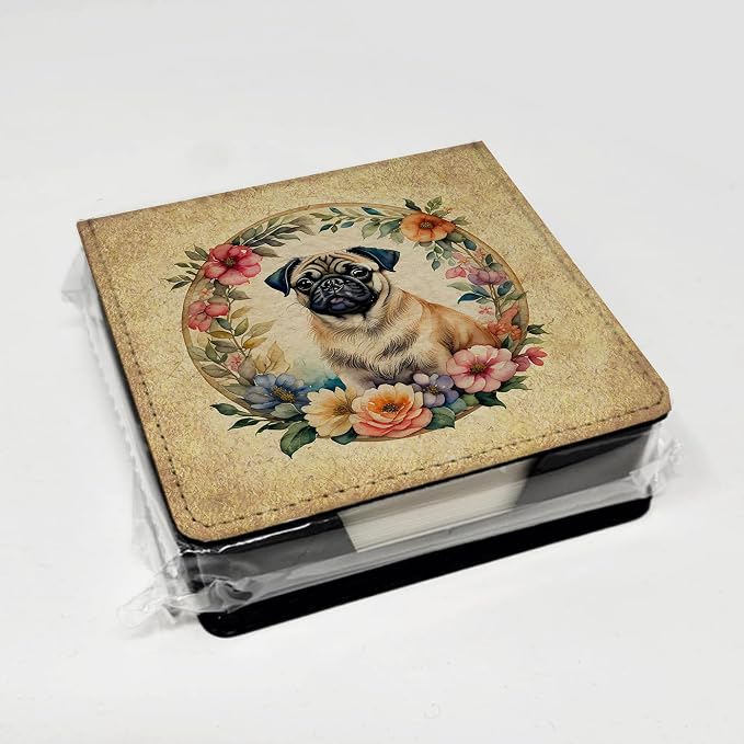 Caroline's Treasures Fawn Pug and Flowers PU Leather Note Paper Holder with Artist-Designed Cover, Desk Accessory, Office Gift