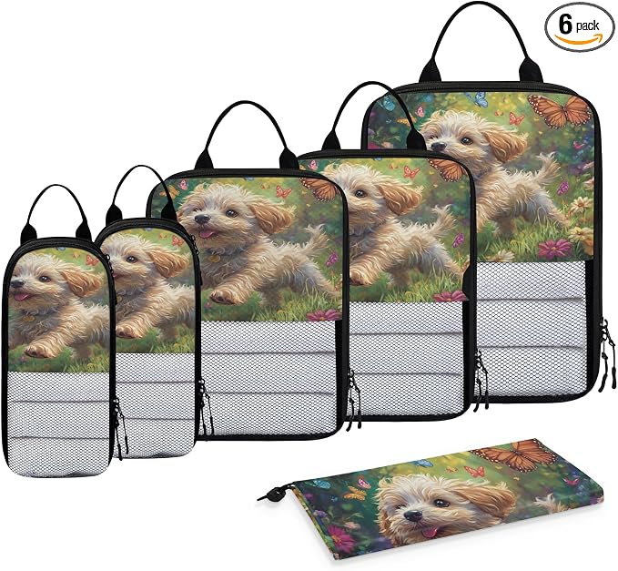 Cute Dog 6 Set Compression Packing Cubes Puppy Expandable Packing Organizer for Travel Accessories Luggage Suitcase Bag