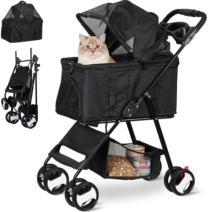 ZENY Pet Stroller, 3 in1 Foldable Dog Cat Jogger Stroller with 4 Wheels | Detachable Basket and Cup Holder, Travel Folding Carrier for Small/Medium Pet (Black)