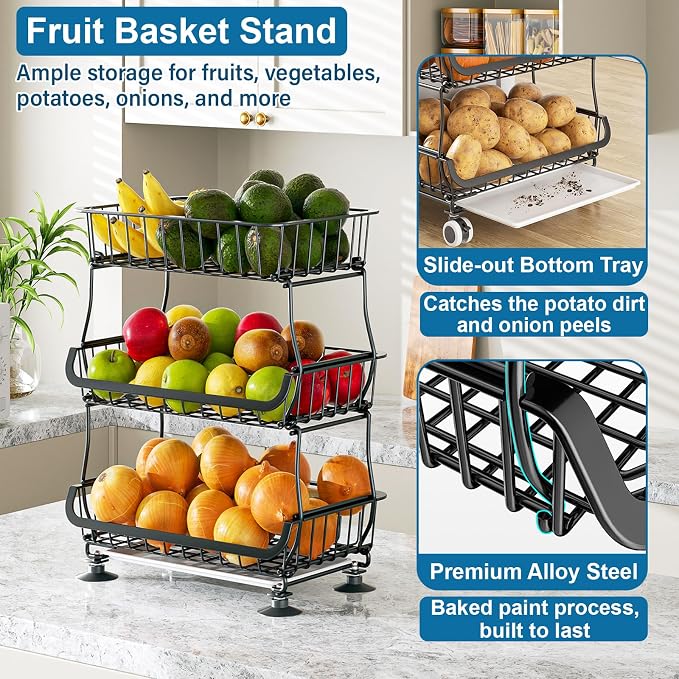 OKZEST 3-Tier Rolling Pantry Floor Organizers and Storage Cart with Wheels | Fits under pantry shelf, Stackable kitchen pantry baskets with dirt catch tray, Holds drink, snack, can, potato, onion, fruit