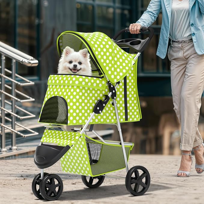 Magshion 3-Wheel Pet Stroller for Small/Medium Dogs & Cats, Up to 33lbs | Foldable Travel Jogger w/ Breathable Mesh Cover, Lightweight Design, Safety Tethers, Cup Holder & Storage Basket
