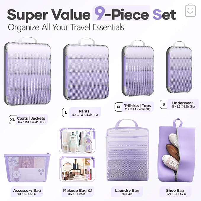 Veken 9/11 Set Compression Packing Cubes Garment Bags for Travel Essentials,Compressible Expandable Luggage Organizer Bags for Clothing,Space Saver Bags with Over 1000 pcs of Mesh Holes(Light Purple)