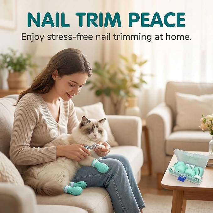 4 Pcs Cat Paw Covers Silicone, Anti Scratch Cat Paw Protector Boots, Adjustable Cat Shoes for Bath, Grooming and Nail Clipping, Soft Pet Claw Protectors with Storage Case, Green