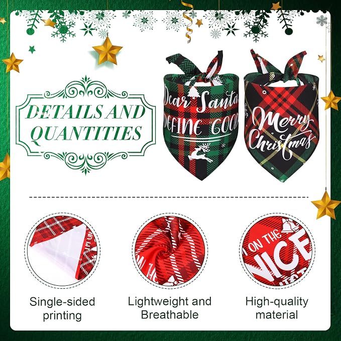 8 Pcs Christmas Dog Bandanas Buffalo Plaid Pet Scarf Bibs,Large | Adjustable Triangle Bibs with Holiday Sayings, Reversible Red Black Green Plaid, Festive Costume Accessory for Pet Photos