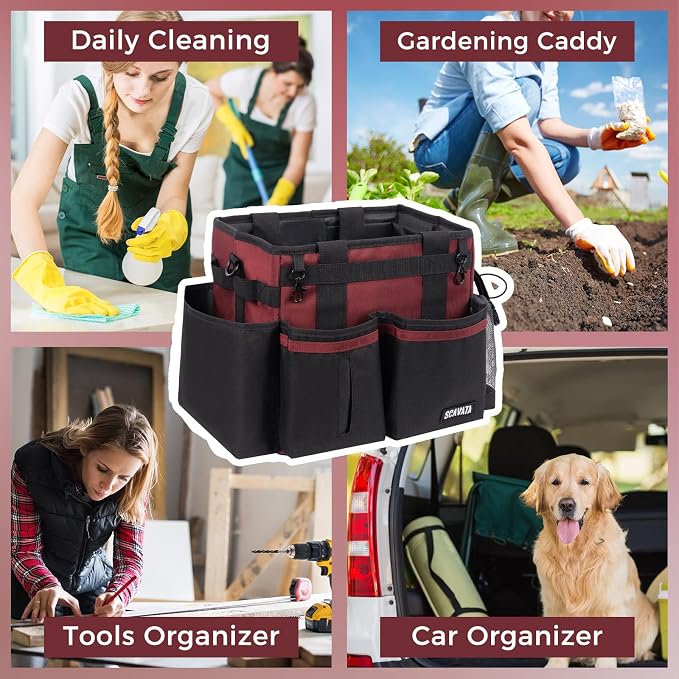 SCAVATA Compact Wearable Cleaning Caddy with Handle & Shoulder Straps | Small Cleaning Supplies Organizer, Under Sink & Car Cleaning Tools Storage Bag for Housekeepers Cleaners, AncoraRed