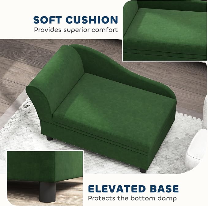 PawHut Luxury Fancy Dog Couch with Hidden Storage, Small Dog Sofa Bed with 2" Soft Foam, Modern Pet Furniture for Puppies & Little Breeds, Green | Small Dog Sofa Bed with 2" Soft Foam, Modern Pet Furniture for Little Breeds