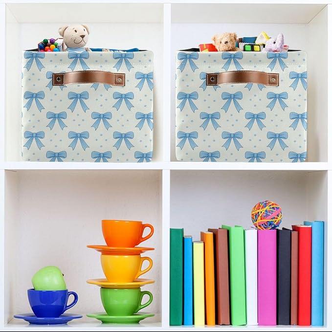 Wamika Blue Bow Storage Basket with Waterproof Liner and PU Handles Coquette Bowknot Storage Bins Boxes 14.2" Collapsible Decorative Organizer Baskets for Bedroom Closet Office 1 Pack
