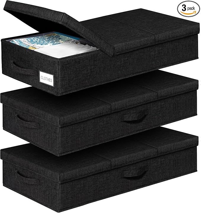 punemi 6 in Tall Stackable Under Bed Storage Containers, 3 Pack, Black | Drawer Organizers Box with Sturdy 3 Handles, Clothes Drawer Organizers, for Under Crib, Couch & Closet Storage