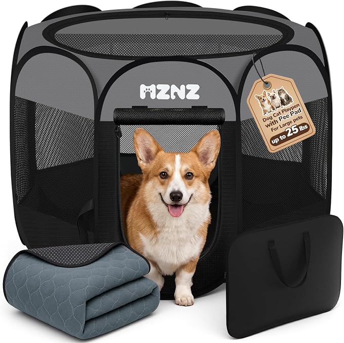Dog Cat Small Animal Puppy Playpen with Pee Pad, Medium, Dark Grey | Portable Pop Up Pet Crate Cage Enclosure Tent Kennel Indoor Outdoor with Carrying Case, No Assembly, Camping Use