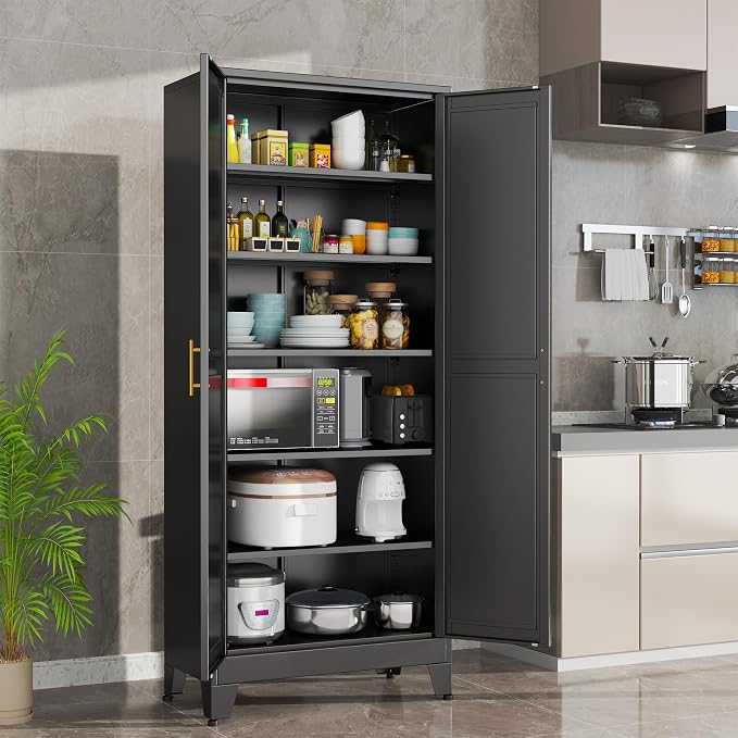 Black Metal Storage Cabinet,75" Steel Cabinets for Home Office | Kitchen Pantry Storage Cabinet with Doors and 5 Adjustable Shelves, Tool Cabinets, for Office, Home, Garage, School