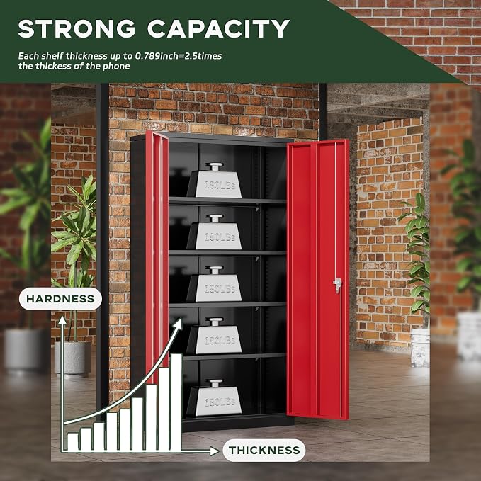 Greenvelly Metal Storage Cabinet, 72" Black Locking Metal Garage Storage Cabinet with Doors and 4 Adjustable Shelves, Lockable Steel Cabinet for Home Office, Garage, Shop, School (Red 36" W x 18" D)