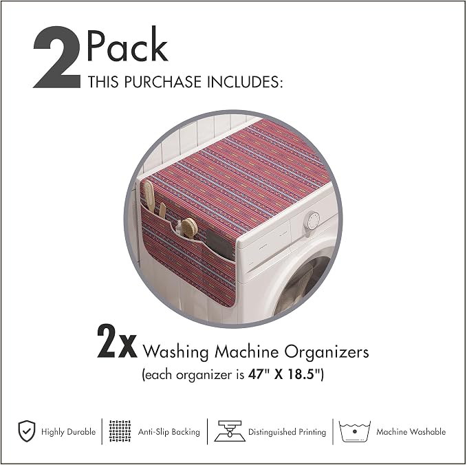 Ambesonne Folk Washing Machine Organizer Pack of 2, Colorful Ethnic Tribal Retro Hipster Style Vertical Abstract Geometric Zigzags Stripes, Anti-Slip Cover for Washers Dryers, 47" x 18.5", Pink Blue