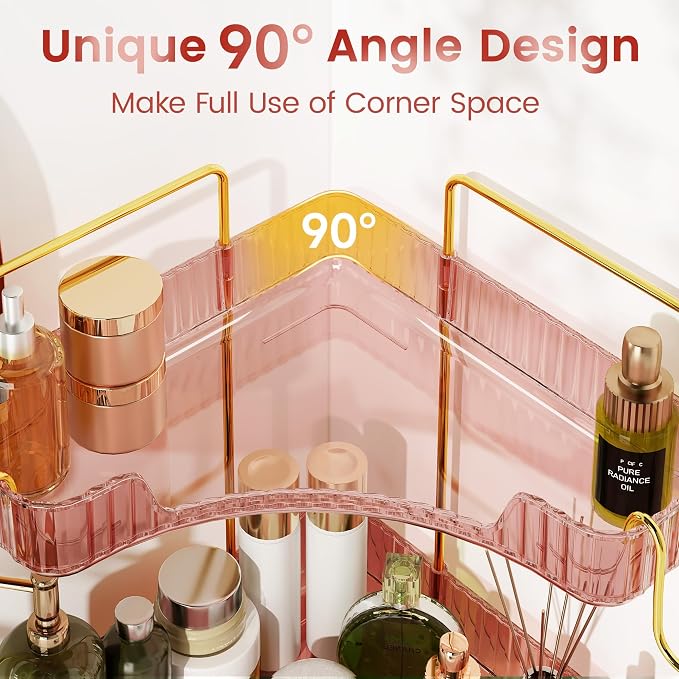 Delicate Pink 2-Tier Corner Counter Organizer Bathroom Organizers | Kitchen & Vanity Storage for PET Makeup Storage Countertop with Hooks, Skincare & Jewelry