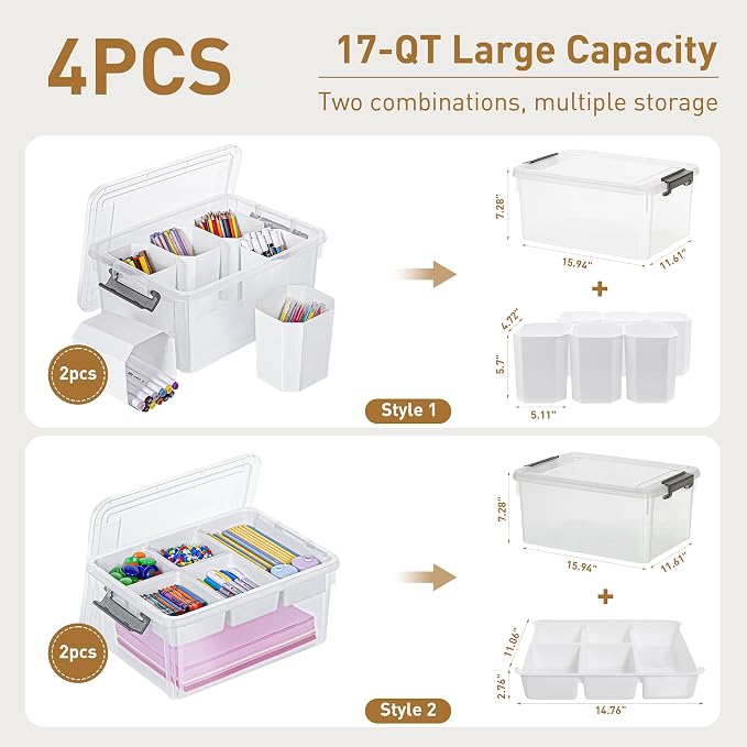 Citylife 17QT 4Packs Clear Craft Organizers and Storage Bins with Lids | Stackable Art Supply Organizer with Tray and 6 Inserts for Markers, Crayons, Pencils, Tools, Playdoh, Coloring Books