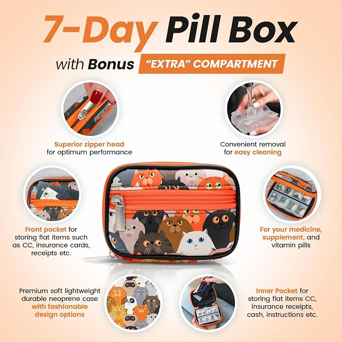 Made Easy Kit Pill Case - Weekly Medicine Organizer with Removable Seven-Day Vitamin & Supplement Box - Premium Neoprene for Travel Purse Accessory (Orange Cat)