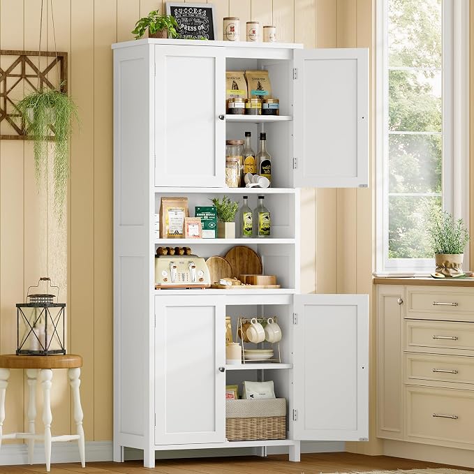 TEENFON 66.9" H Tall Bathroom Storage Cabinet with 4 Doors & 2 Open Shelves | Bathroom Cabinet with Adjustable Shelves, Large Capacity Cabinet for Kitchen, Living Room, Entryway, Laundry & Pantry, White