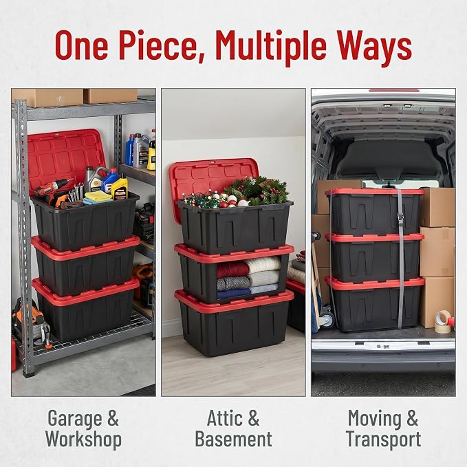 4-Pack 27Gal Stackable Storage Bins Locking Lids Heavy-Duty Dustproof | rust/dent/stain-proof,padlock-ready,anti-topple,easy-clean,eco-friendly