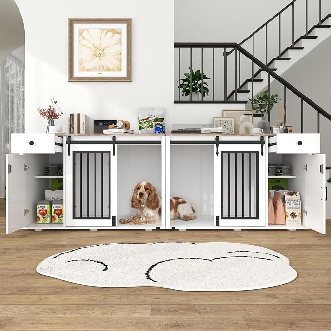 Verano Garden 88" Dog Crate Furniture, Dog Kennel Cage, White (88") | 2-in-1, Lockable, Decorative, Sliding Door, Removable Divider, Adjustable Shelf, Farmhouse, Heavy Duty, Small Medium Dogs