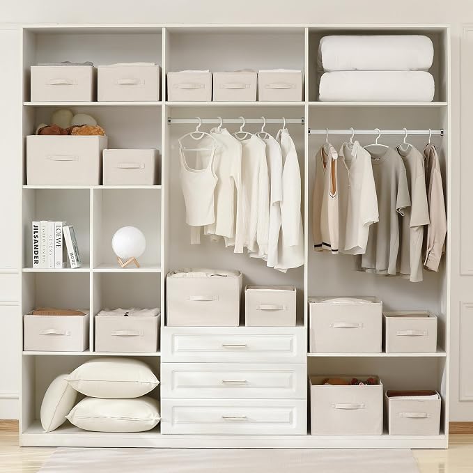 linen closet organizers and storage, Large Storage Baskets, washable, clothes organizer with handle, sweater organizer for closet (Beige, 15¾"x11¾ x9¾)