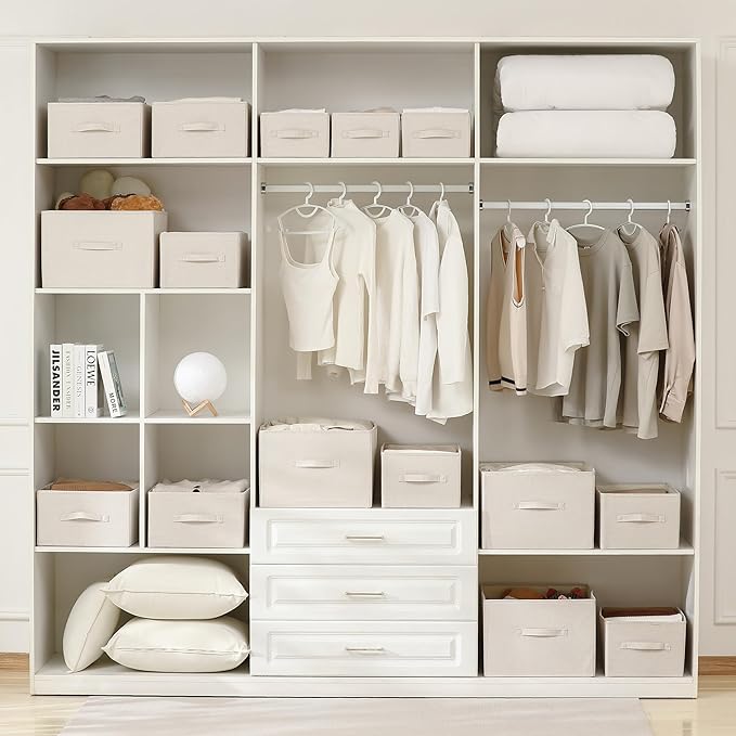 Linen Folding Storage Bins, 3 Pack Large Storage Baskets, Washable, Clothing Storage Bins with Handle, Closet Organizer for Storage Sweater,Sheets (Beige, 16" x9½x6¾)