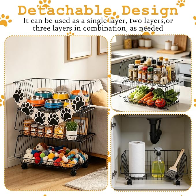 Metal Dog Toy Storage Rack, 19" x 10.6" x 24" Rolling Pet Organizer Bin with Wheels, 3 Tier Detachable Wire Basket Shelf for Toys Treats & Supplies, Large Dogs Toy Storage Holder for Home