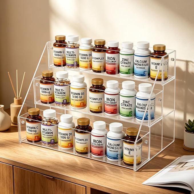 Rainmae 3-Tier Vitamin Storage Organizer, Medicine Cabinet Organizer, Pill Bottle Organizer, Medicine Bottle Organizer for Countertop, Shelf for Vitamin Bottles Pills Medical Supplies Bathroom Cabinet