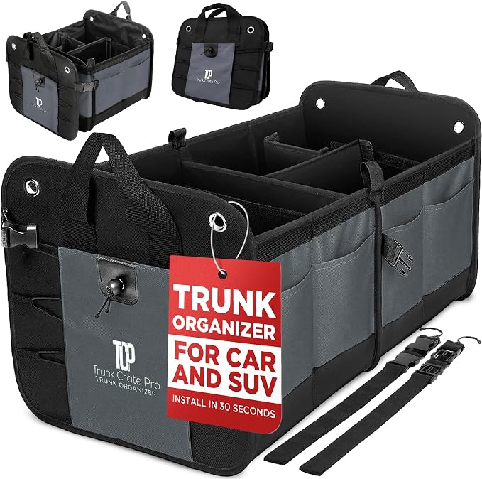 Car Cargo Organizer for SUV, Truck & Auto Storage, Gift, Grey, Large | Fits Cars, SUVs & Trucks • 4 Adjustable Compartments • Non-Slip Base & Straps • Foldable • 11 Pockets • Gift