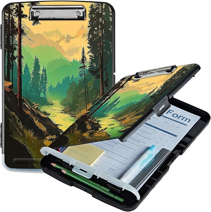 A4 Clipboard with Storage Pen Holder, Clipboards Organizer Nursing Clipboard Foldable File Folder Plastic Clipboard Folio Clip Board for Office Work Classroom Doctor, Green Forest Creek