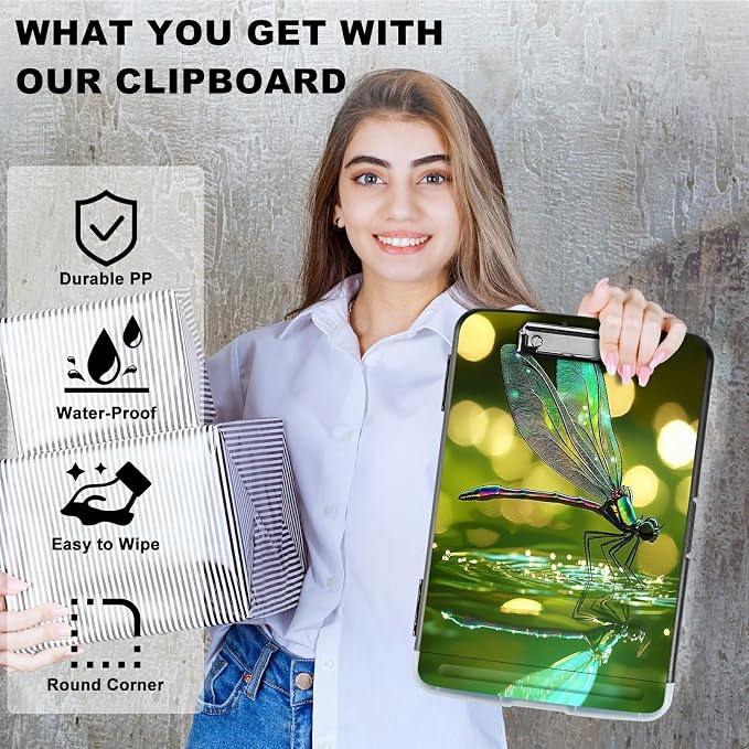 A4 Clipboard with Storage Pen Holder, Clipboards Organizer Nursing Clipboard Foldable File Folder Plastic Clipboard Folio Clip Board for Office Work Classroom Doctor, Green Dragonfly