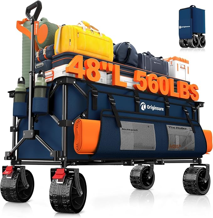 Originsure 300L Beach Wagons Carts Foldable with Big Wheels, 560lbs, Blue | 48" Folding Utility Wagon,7" All-Terrain Wheels,Heavy Duty Frame,Compact&Space-Saving,for Camping,Sports,Grocery,Garden