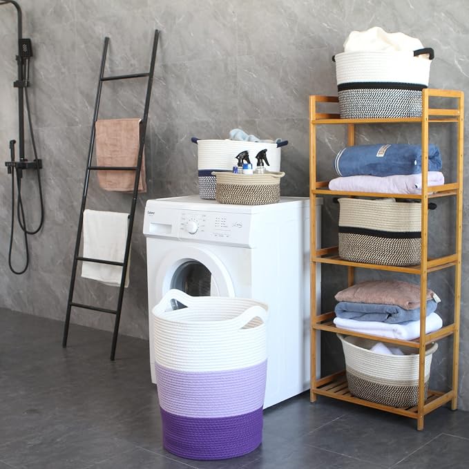 Sea Team Large Woven Cotton Rope Laundry Basket with Handles, 20 x 14 in | Collapsible Knitted Hamper, Closet Shelf Organizers, Containers for Clothing, Blankets, Toys, Bedding, Lavender