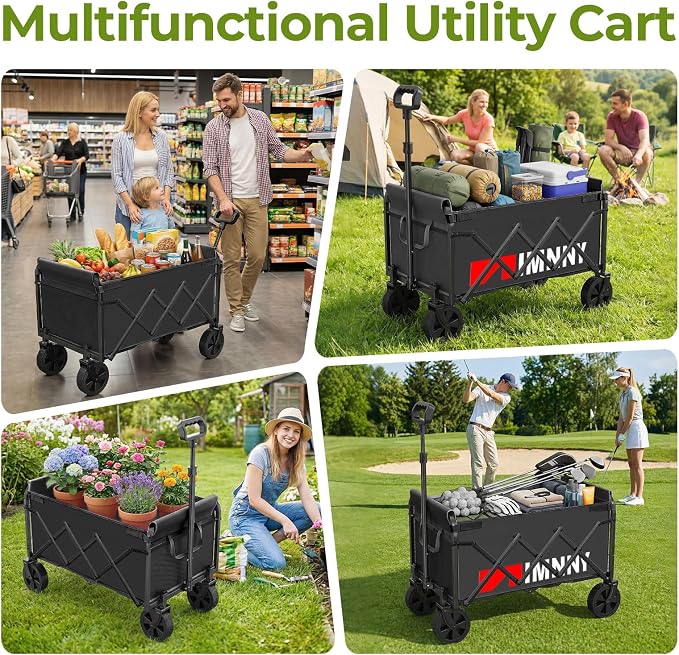 Black Small Collapsible Wagon Cart, Lightweight Portable Foldable Wagon with Wheels, 220lbs Utility Cart for Grocery, Light Camping, Sports, Easy to Fold & Store(Black)