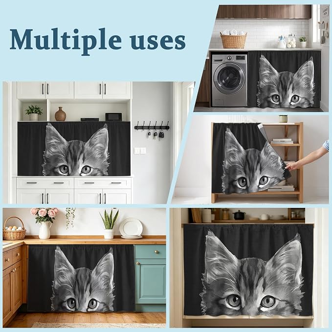 Black Cat Sink Skirt 11"Wx13"L,Dustproof Under Sink Curtain with Self Adhesive Tape,Cute Pets Eyes Fur Vintage Oil Painting Cabinet Curtain Cover for Bathroom Vanity,RV,Kitchen Cabinet Storage Shelf