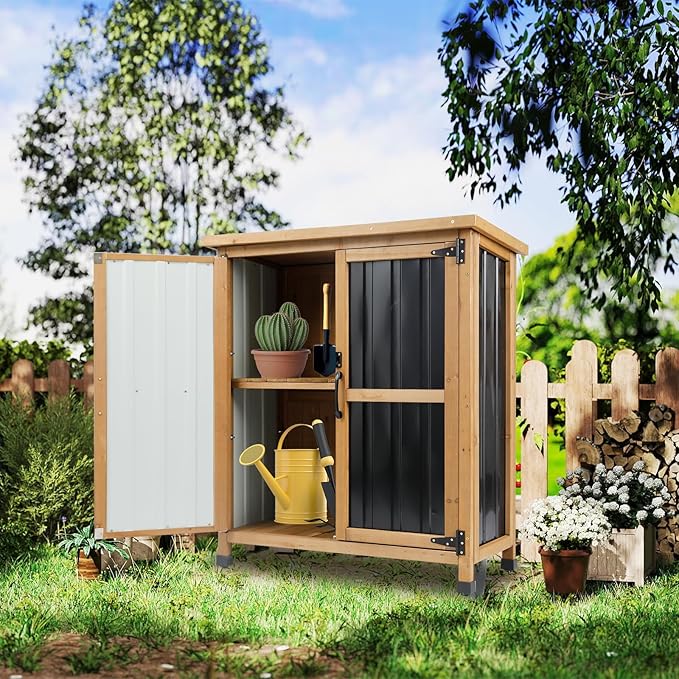 Ketive Outdoor Storage Cabinet, Wood & Metal Small Garden Tool Storage Cabinet with Weather-Resistant Asphalt Roof, Double Lockable Doors & Removable Shelves for Porch, Patio, Garden, Backyard