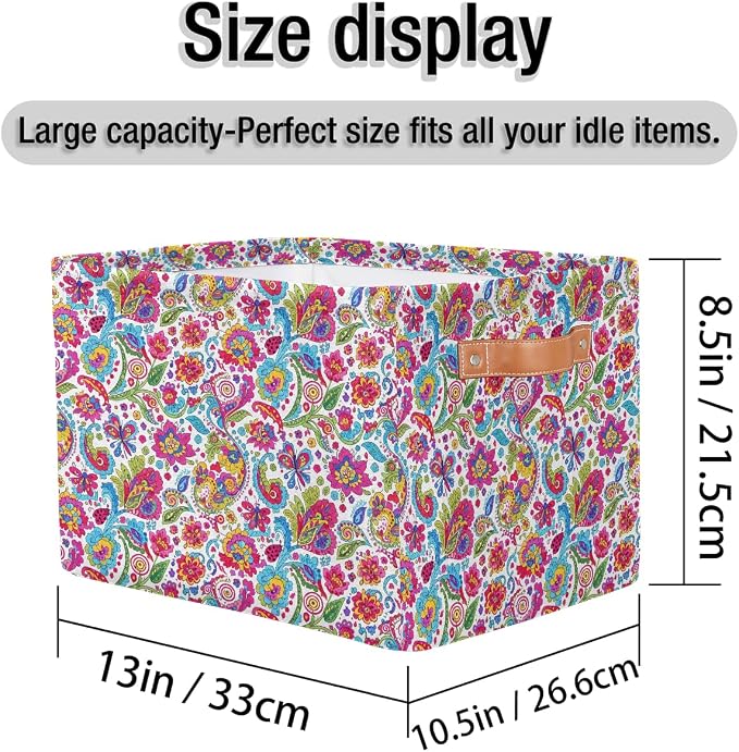 AUUXVA Storage Basket Colorful Paisley Flower Floral Storage Cube Box Durable Canvas Collapsible Toy Basket Organizer Bin with Handles for Shelf Closet Bedroom Home Office