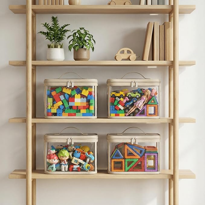 holay 4 Pack Clear Toy Storage Bags with Zipper & Handle, Board Game Bins | Reinforced base stands upright; clear PVC front; holds toys, board games & busy bags; foldable for playroom & travel