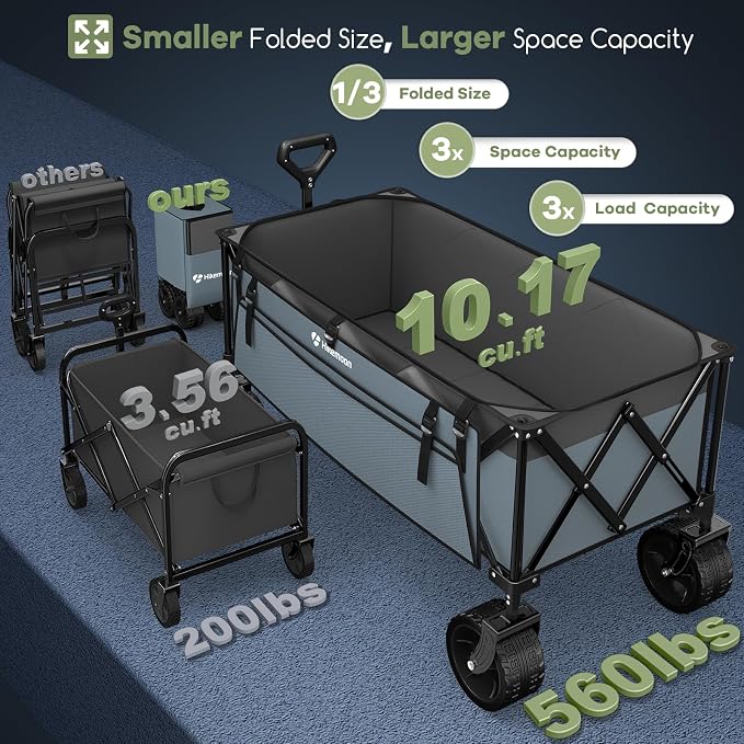 48'' Extra Large Collapsible Wagon, Big Wheels, 300L Red & Grey | 560LBS Heavy Duty, Wagons Carts Foldable, All-Terrain, Brakes, Folding Cart, Utility for Beach/Camping/Garden/Sports/Grocery