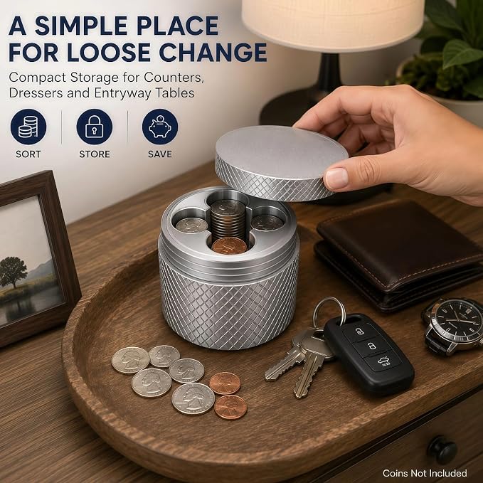 Precision USD Coin Holder and Change Organizer for Car & Desk – Sleek Metallic Silver Storage Dispenser for Quarters, Nickels, Dimes, and Pennies, Compact Travel EDC Hardware
