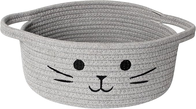 Small Cat Toy Basket, 10”x10”x4” Gray Cotton Rope Storage Bin with Handles, Woven Cat Organizer Box for Indoor Pets, Cute Kitty Easter Basket Gifts Empty, Living Room Nursery Decor