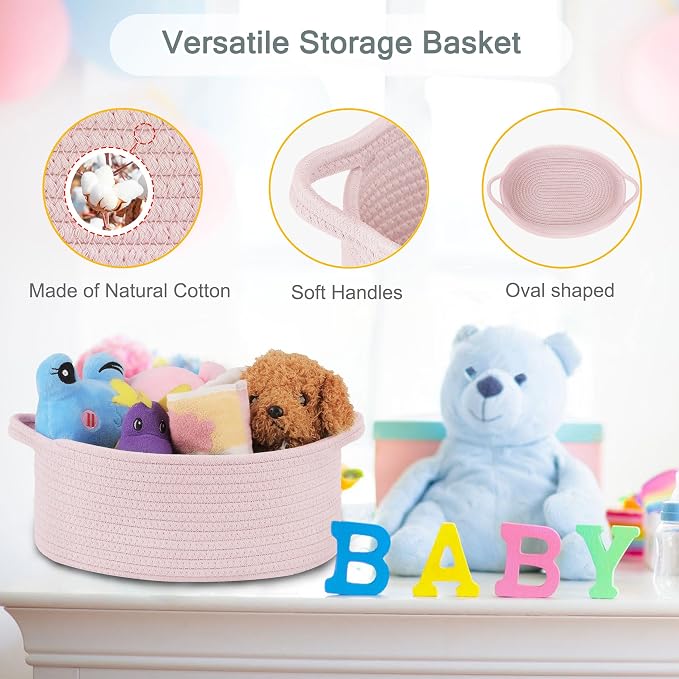 COMSE Empty Small Gift Basket with Bag & Ribbons, Light pink | Cotton Rope, 12"x 8"x 5", Baby Toy Organizer, Stores Small Items for Bedrooms, Nurseries, Bathrooms, Living Rooms, Offices