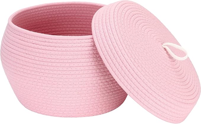 Sea Team Round Woven Cotton Rope Storage Basket with Lid, Pink | Lidded Knitted Decorative Storage Bin, Pot, Caddy, Organizer, Container for Snacks, Towels, Plants, 13 x 9 Inches