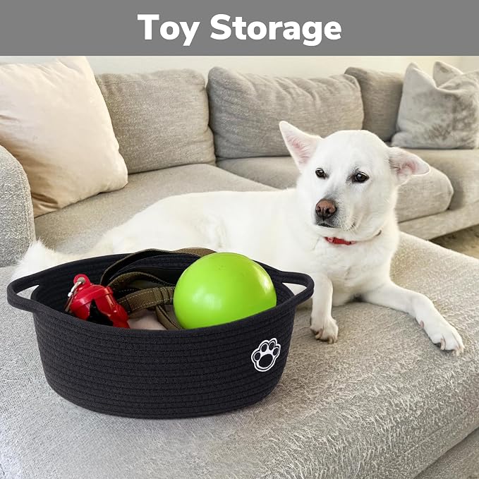 Woven Rope Dog Toy Basket with Paw Print, Black | 12"x 8" x 5" Small Dog Toy Bin & Box with Handles, Fits Living Room Bedroom Nursery Organization, Gift Basket Empty for Pets