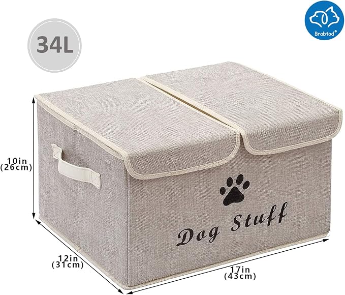 Large Dog Toys Storage Box Canvas Storage Basket Bin Organizer with Lid - Collapsible Linen Bin Ideal for Organizing Dog Cat Toys and pet Stuff-PP Boad-17" x 12" x 10" - Beige