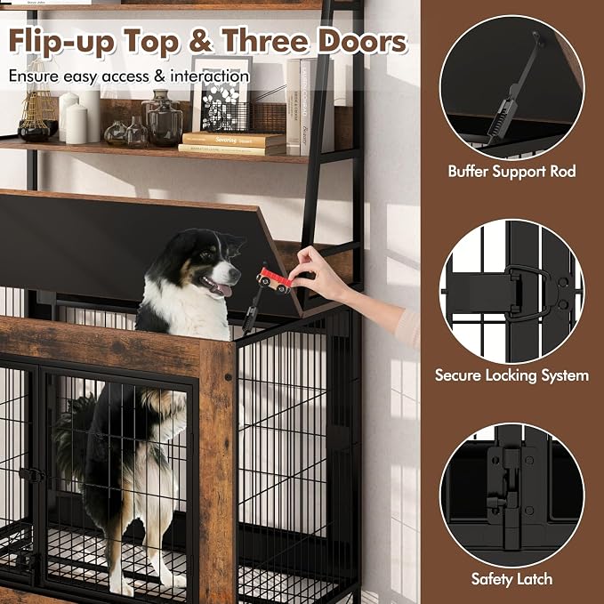 PETSITE Portable Dog Crate Furniture with Storage Shelves, 59 Inch Wooden Dog Kennel with Flip-up Top, 3 Lockable Doors and Removable Tray, Ideal for Small to Medium Dogs (Rustic Brown)