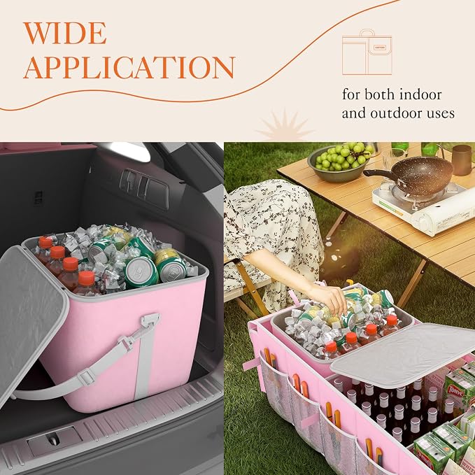 HOTOR Trunk Organizer, Sturdy Foldable with Cooler for Car, Sudan & SUV | Car Organizers and Storage, Detachable Cooler Bag, for Tools, Camping, 3 Compartments, Pink, 31.5” x 12.6” x 10.6”